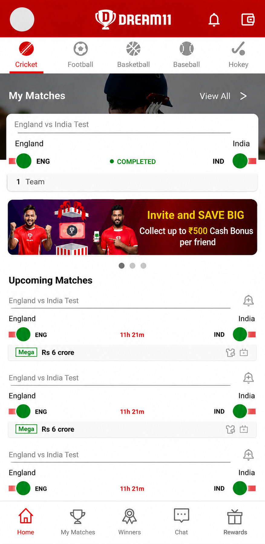 Dream11 Home Screen — Live Matches